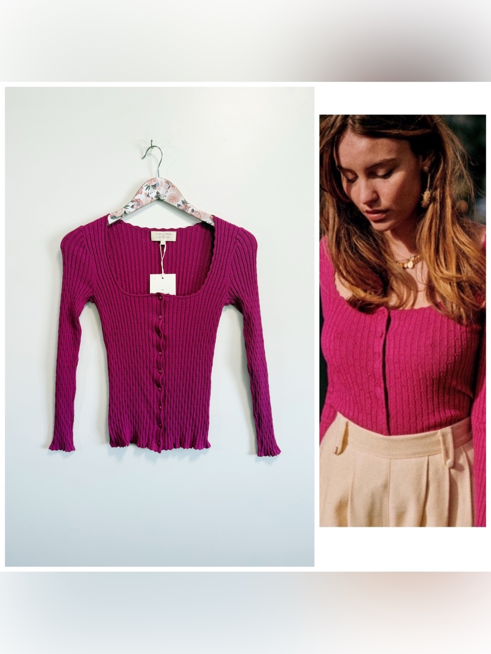 NWT SEZANE Ambroise Ribbed Knit Cardigan Sweater Square Bright Plum Pink S Small